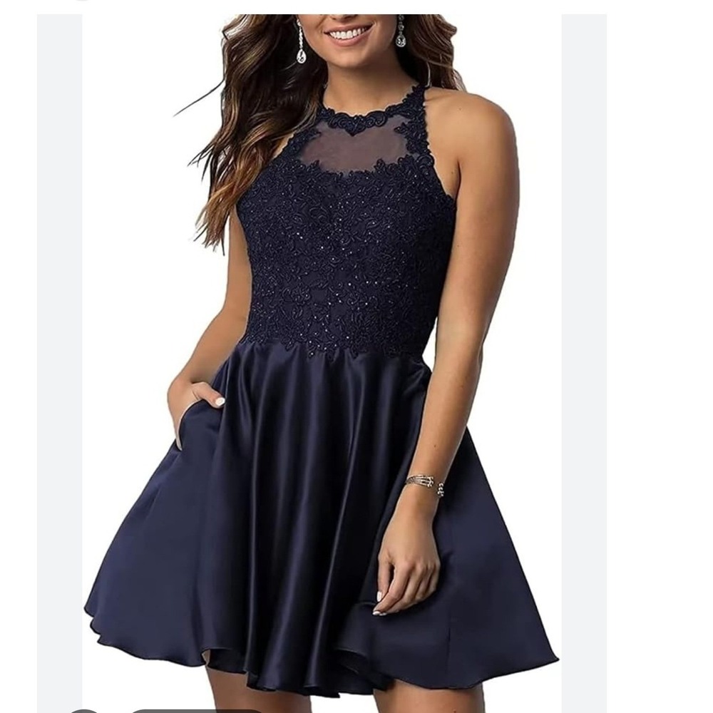 Lavetir black Lace & satin Halter Cocktail Dress Pockets Size 2‎ Prom Homecoming